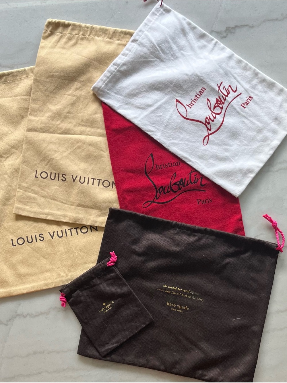 Designer Dust Bag Lot - Louis Vuitton, Christian Louboutin, Kate Spade